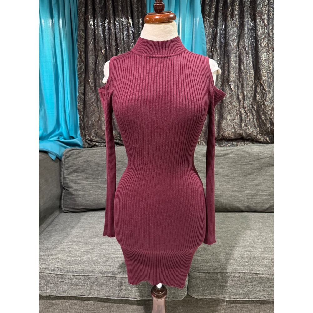 Planet Gold Womens Dress L Cold Shoulder Mock Neck Ribbed Bodycon Burgundy Wine